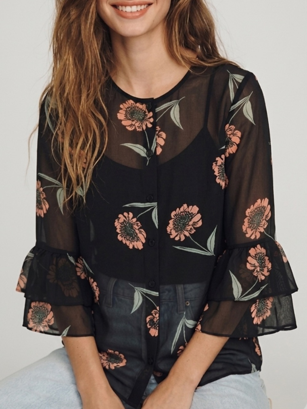 Cabi Sheer Floral Button Front Blouse Size XS Black Tiered Ruffle 3/4 Sleeve Top
